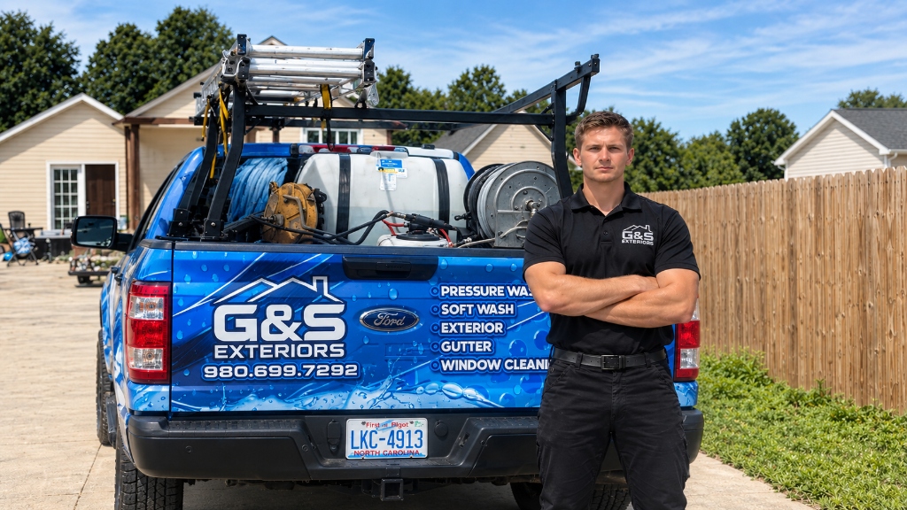 Gary Kostetskiy, Founder and Owner of G&S Exteriors with official pressure washing truck rig in Monroe, NC