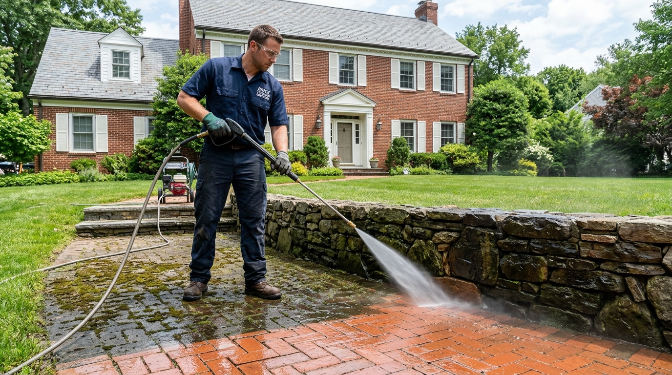 Gentle rotary cleaning of decorative aggregate walkway and brick borders, eradicating slick dark slime and restoring slip resistance.