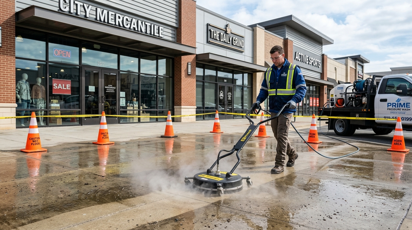 Commercial entry walkway and dumpster pad degreasing and pressure wash. Removed chewing gum and grease stains.
