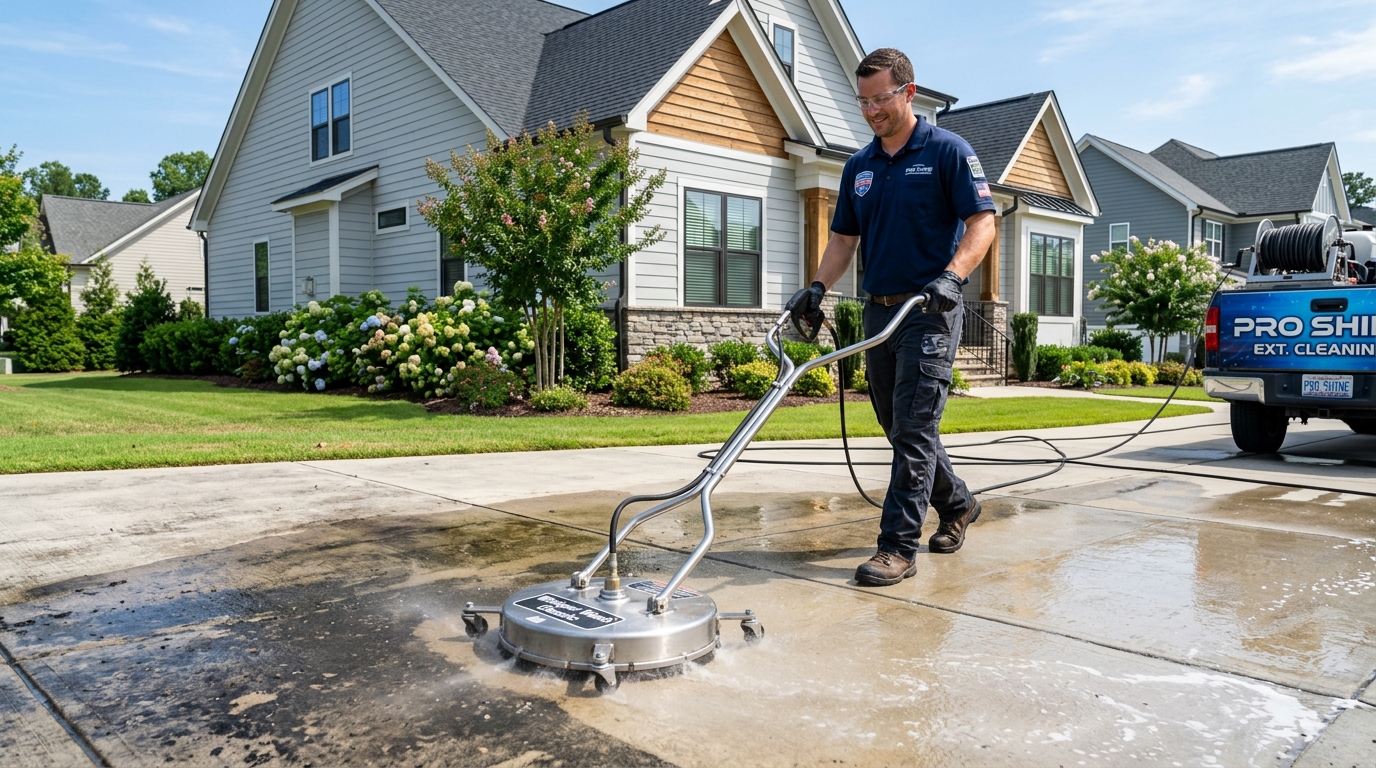 Commercial rotary surface cleaner cleaning driveway flatwork in Monroe NC