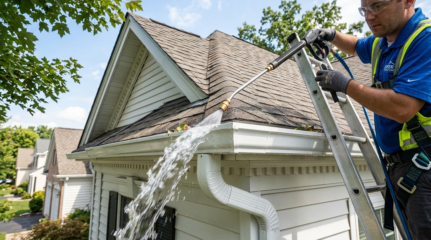 Complete gutter clean-out and downspout pressurized water flush, removing two seasons of compacted pine straw and oak leaves.