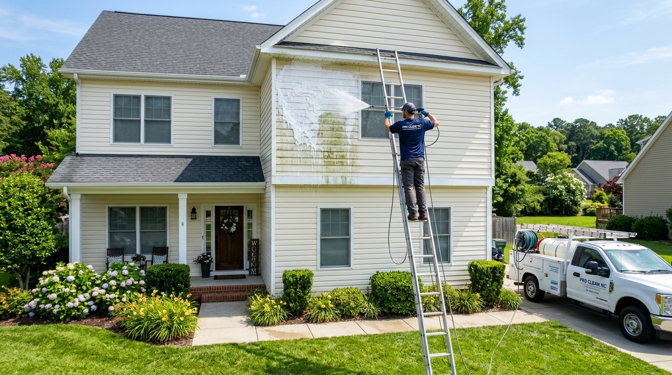 Low-pressure soft washing siding and gutters in Monroe NC
