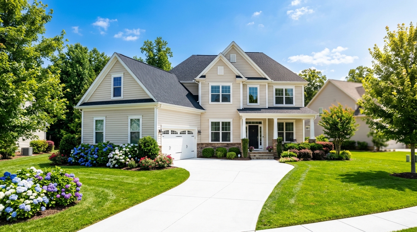 Exterior soft-wash on Amanda R.’s Brandon Oaks home in Indian Trail, neutralizing green mold and pine pollen without high pressure.