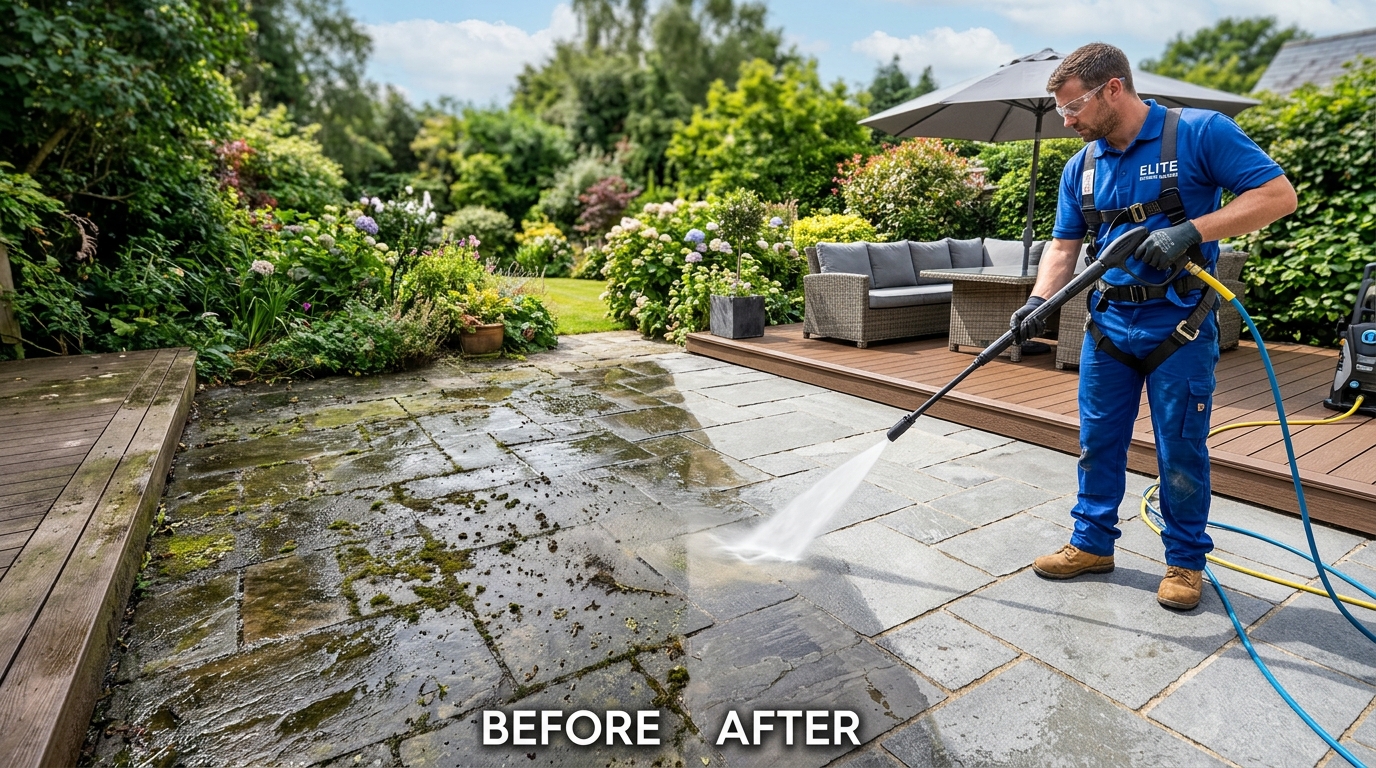 Interlocking paver patio deep clean, lifting embedded black mold and mildew without blowing out polymeric joint sand.