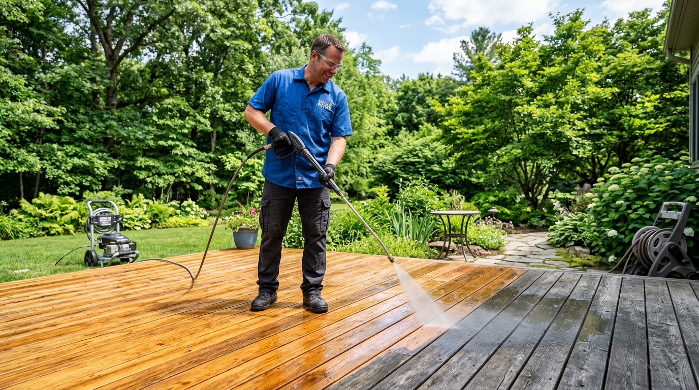 Low-pressure cleaning on composite deck boards and vinyl railings, lifting dark mildew and food stains safely.